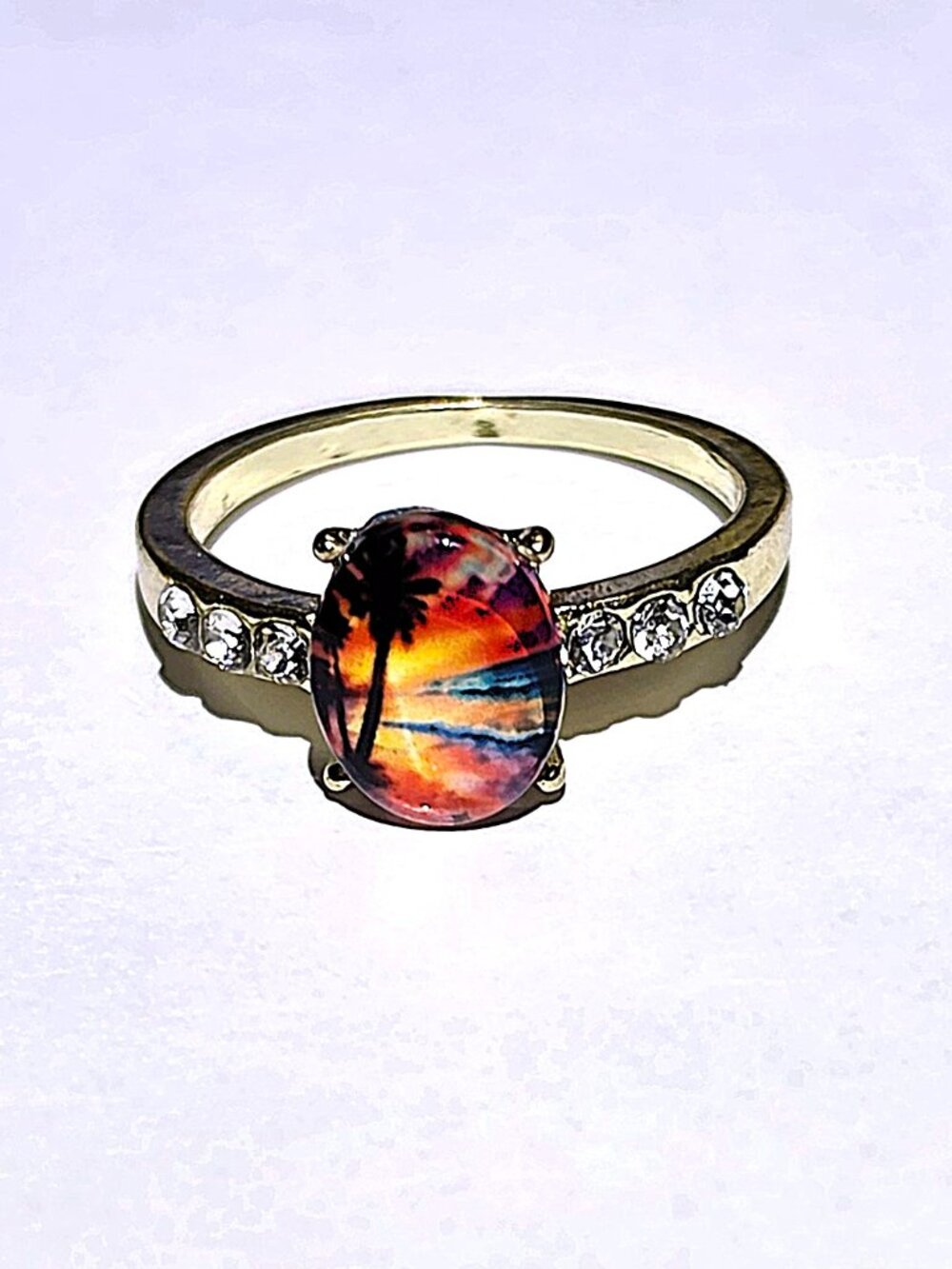 Beautiful Globe Ring With Sunset and Palm Tree